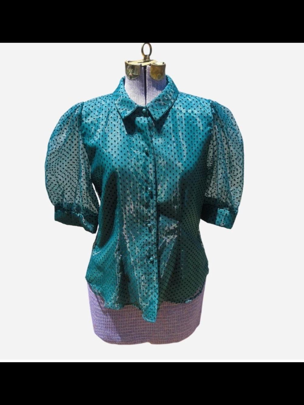 Haute Monde Teal Sheer Polka Dot Puff-Sleeve Blouse